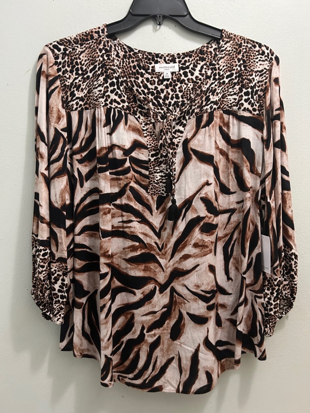 Westbound Women's Brown and Black Animal-Print Peasant Blouse